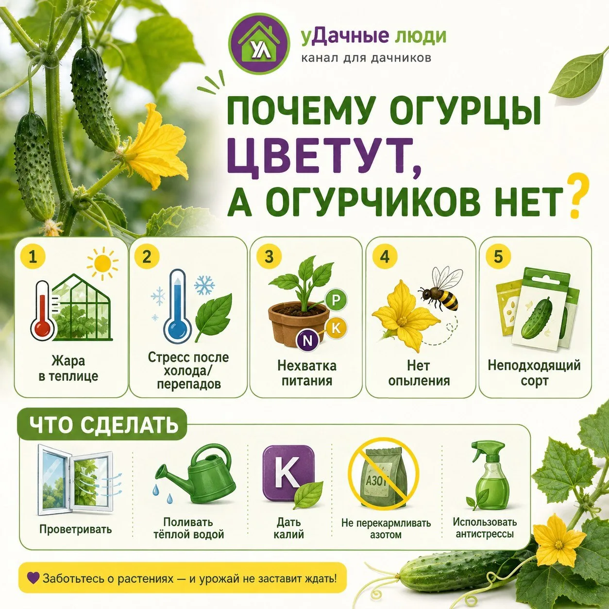 🥒 Огурцы цветут, а огурчиков нет?

Знакомая июньская картина: плети растут, цветов много, а завязей