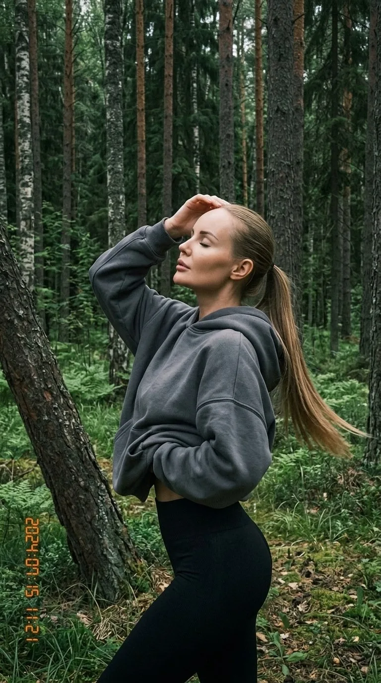 Фотореалистичный вертикальный снимок молодой женщины в лесу, максимально точно повторяющий референс: