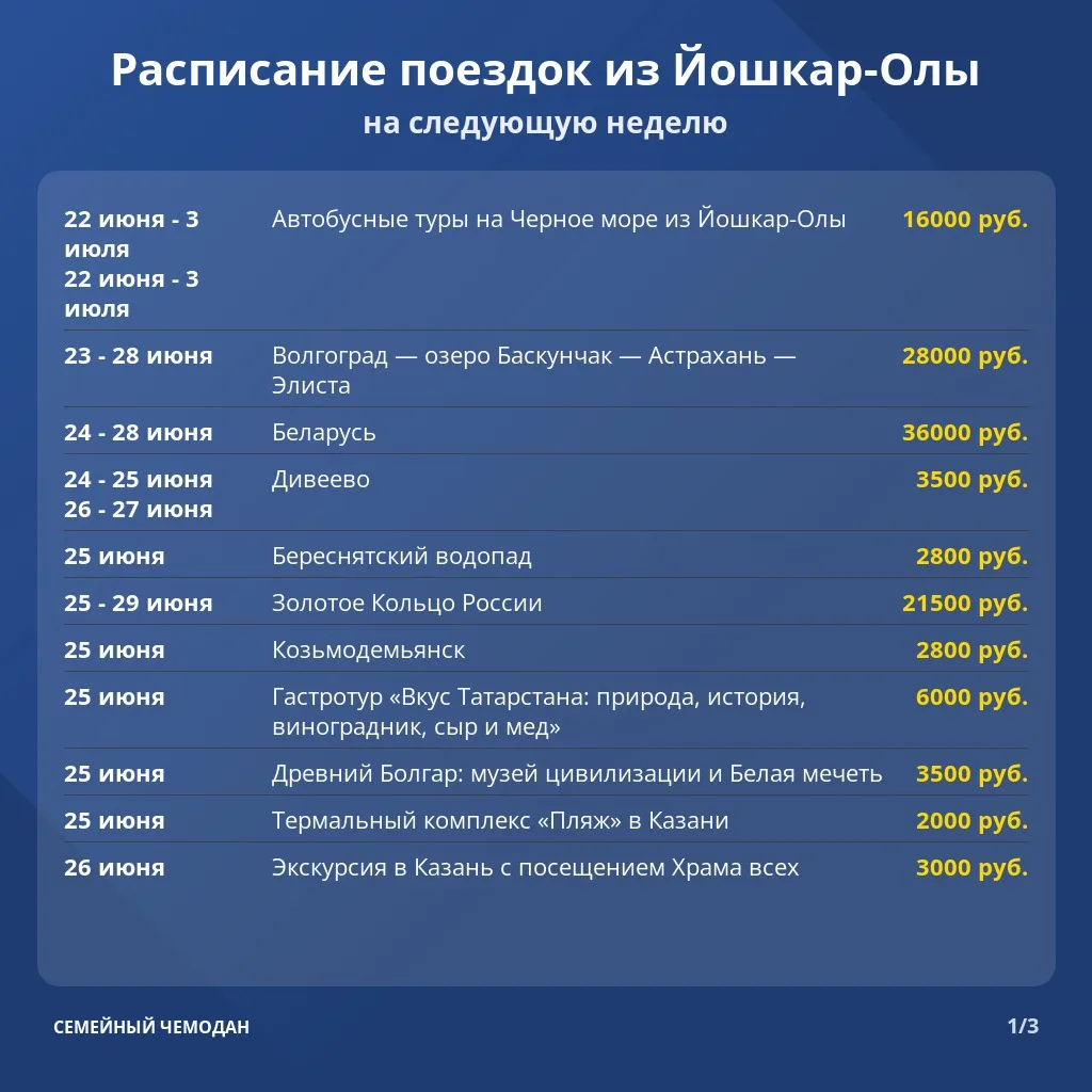 Расписание туров из Йошкар-Олы на следующую неделю (22 - 28 июня). 

Все туры тут – [контакт скрыт]