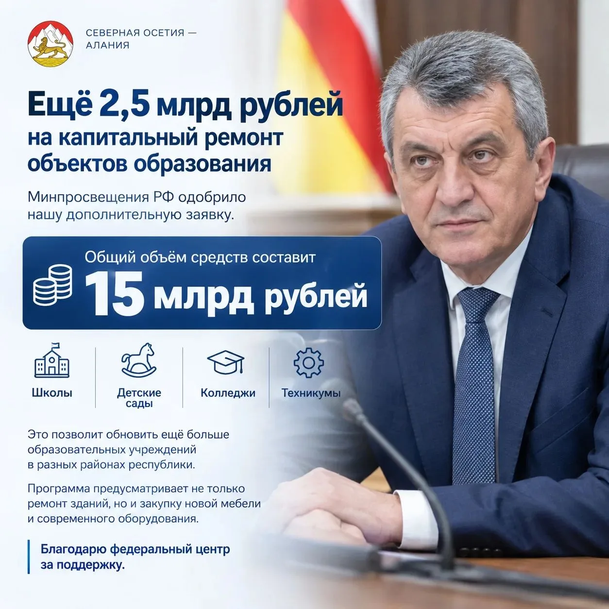 ⚡️⚡️СЕРГЕЙ МЕНЯЙЛО: «Ещё 2,5 миллиарда рублей получит Северная Осетия на капитальный ре...