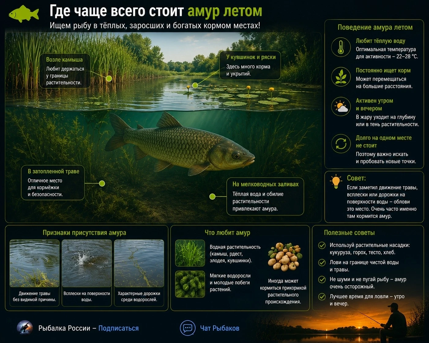 🟢 Где чаще всего стоит амур летом

Летом амур любит тёплые участки водоёма с большим количеством ра