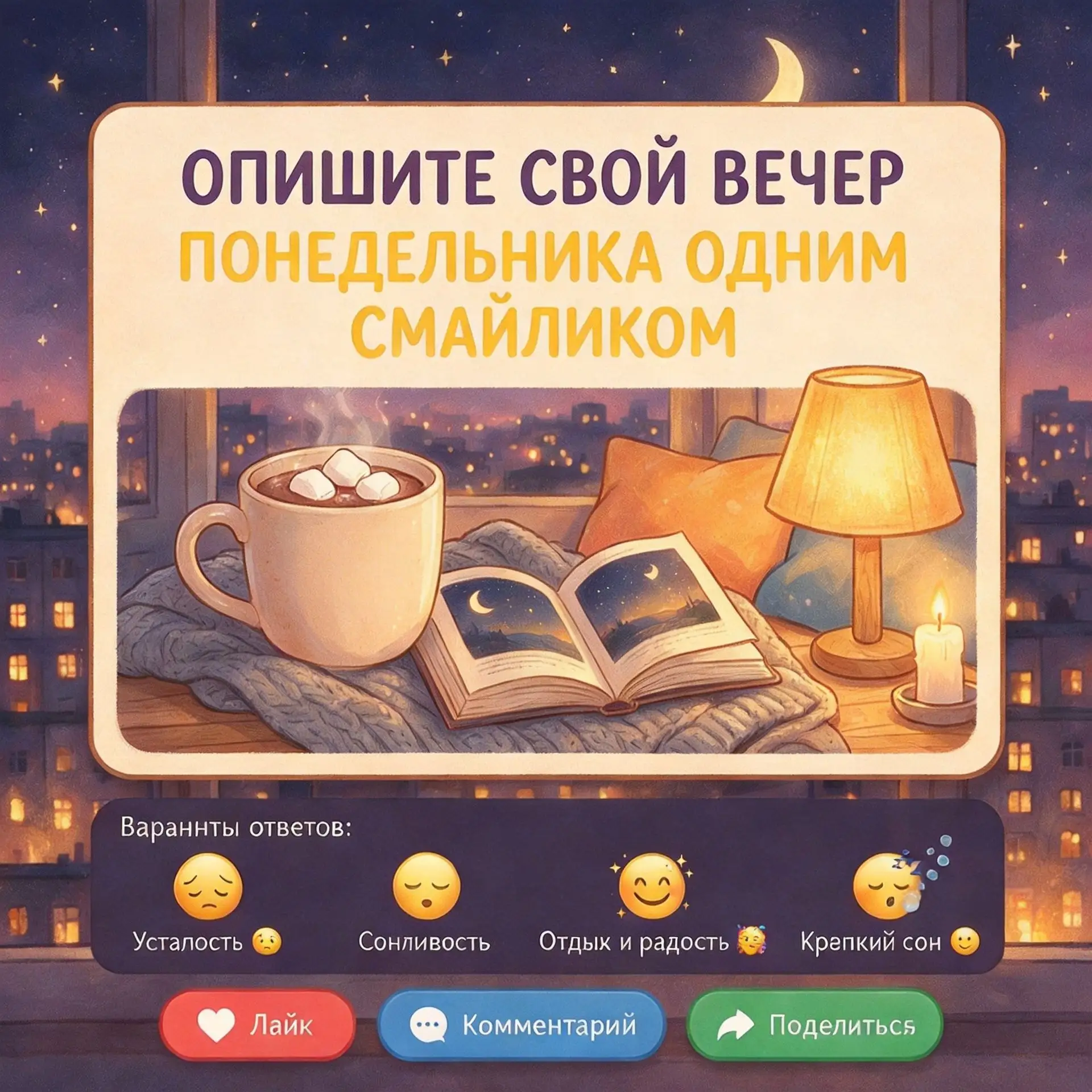 Дорогие друзья, приглашаем принять участие в интерактиве «Опишите свой вечер понедельника одним смай
