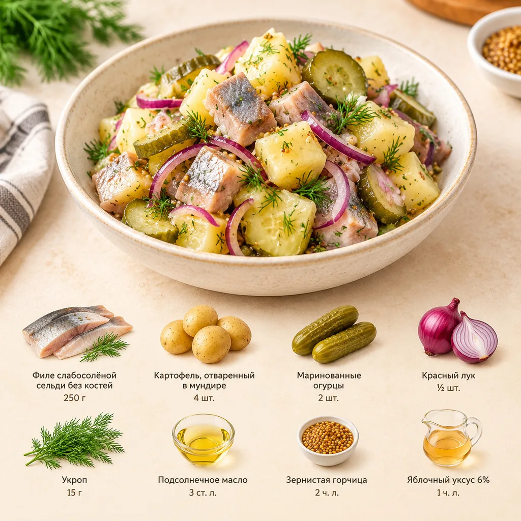Картофельный салат с сельдью и горчичной заправкой 🤤