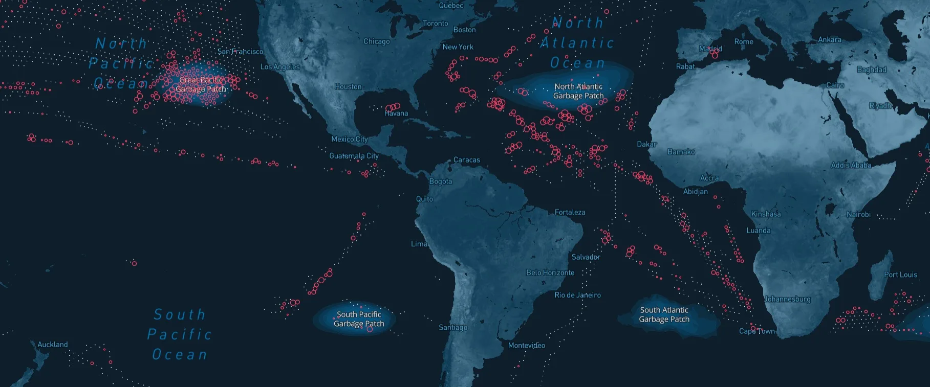 Масштабную карту скоплений океанского пластика создали специалисты The Ocean Cleanup. 

В её основе 
