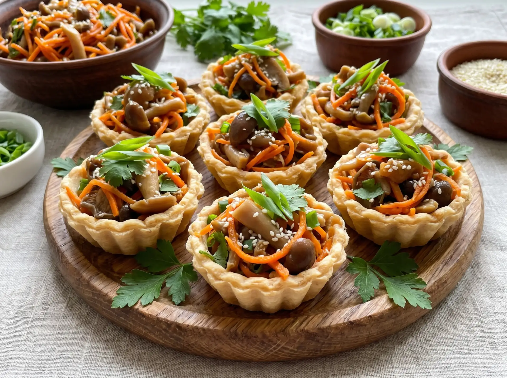 🥗 Салат из грибов с корейской морковью в тарталетках 

🍜 Ингредиенты:
🥕 Корейская морковь — 50 г

