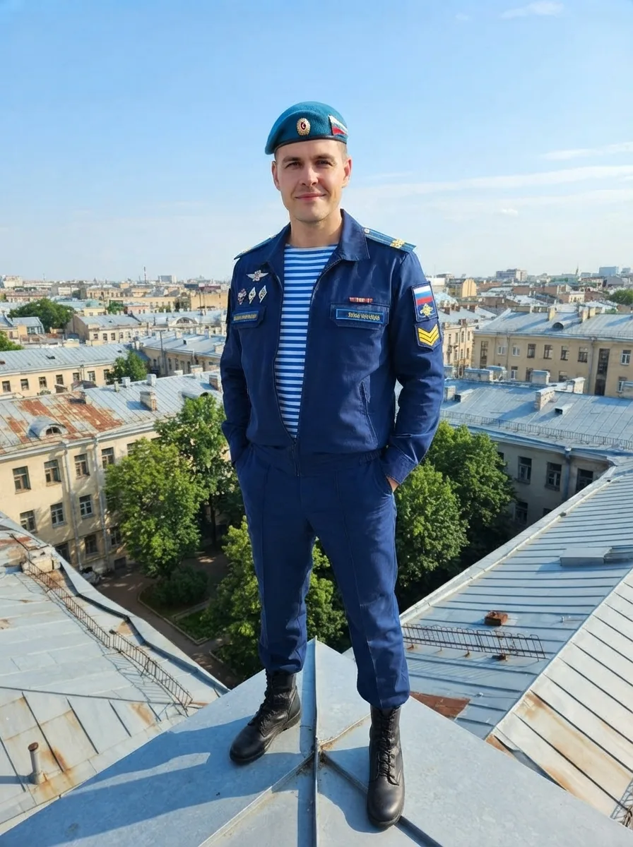 Фото / Мужчина в форме ВДВ на крыше