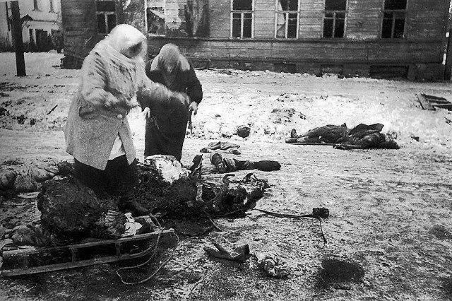 Жители блокадного Ленинграда в голод пытаются добыть пищу, разделывая труп лошади, 1941...