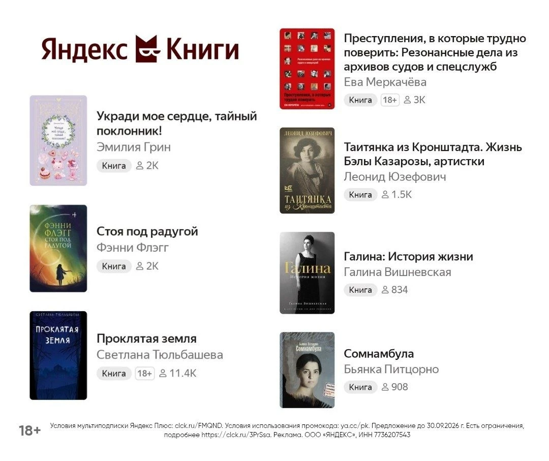 Промокоды Яндекс Книги сентябрь 2026