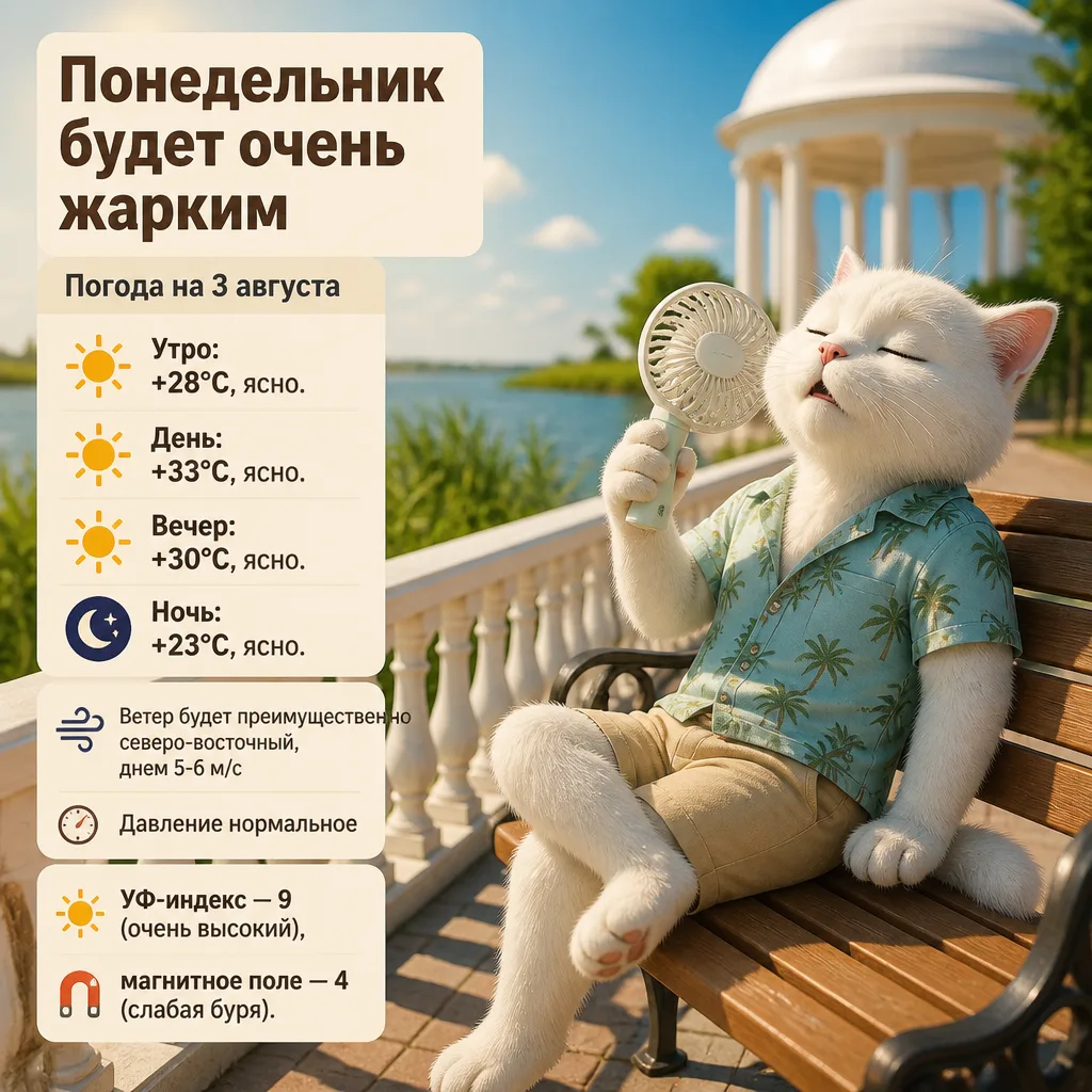 Понедельник будет очень жарким 

Погода на 3 августа

Утро: +28°C, ясно.

День: +33°C, ясно.

Вечер: