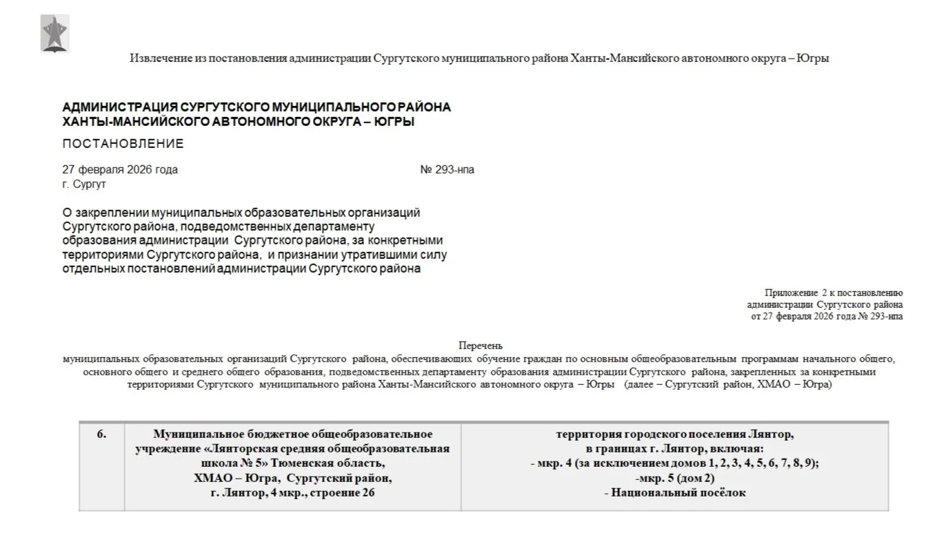 Информация о закрепленных территориях МБОУ "Лянторская СОШ№5". О зачислении будущих первоклассников 
