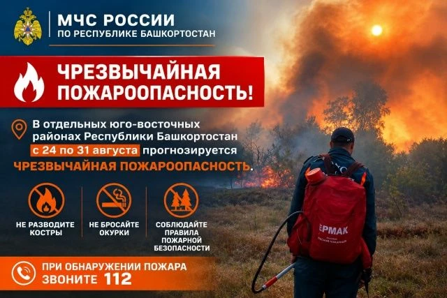 ❗️Внимание! По данным Башгидромет, с 24 по 31 августа в отдельных юго-восточных районах...