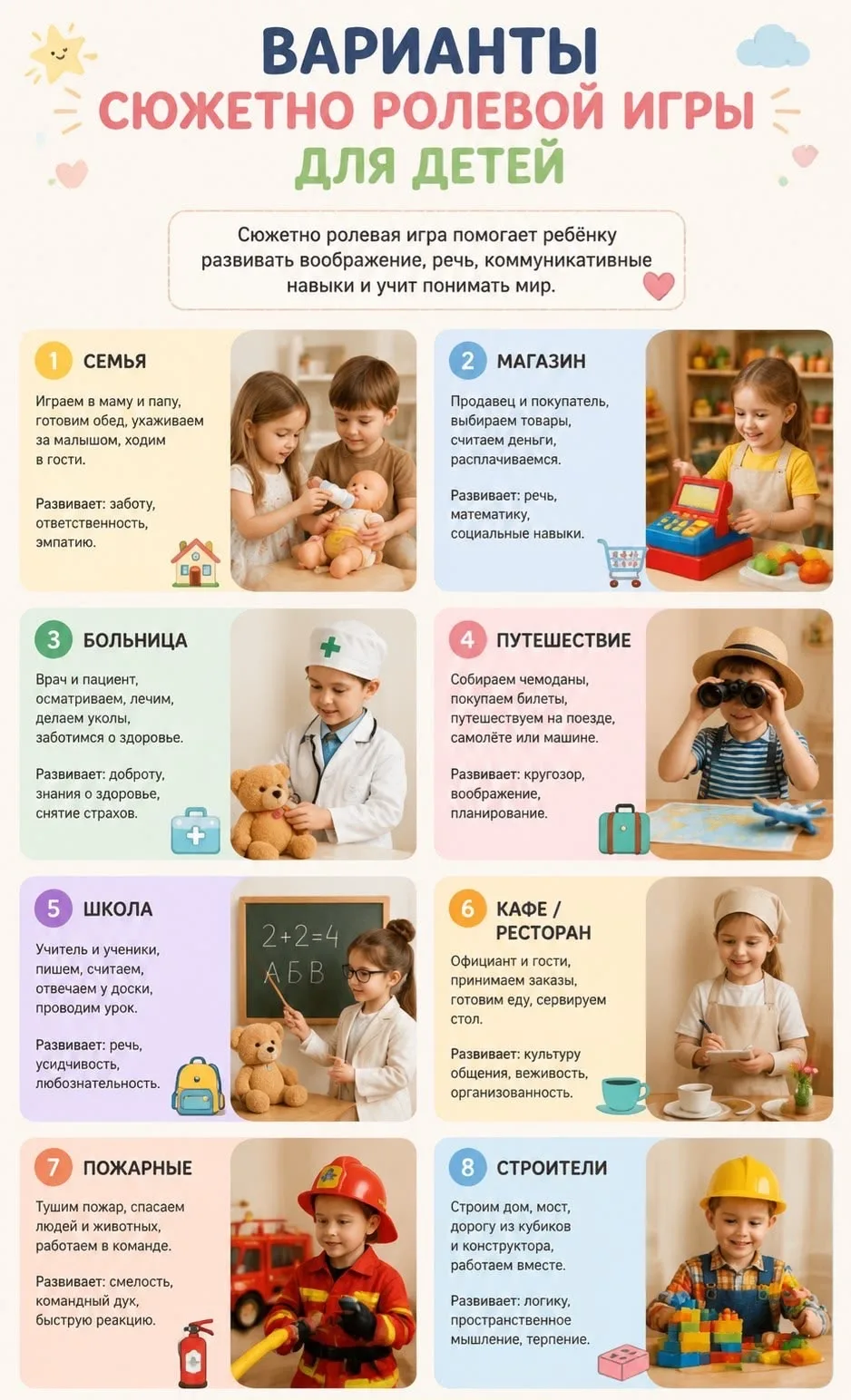 Сюжетно-ролевые игры — отличный инструмент для развития дошкольников: они помогают детям осваивать с