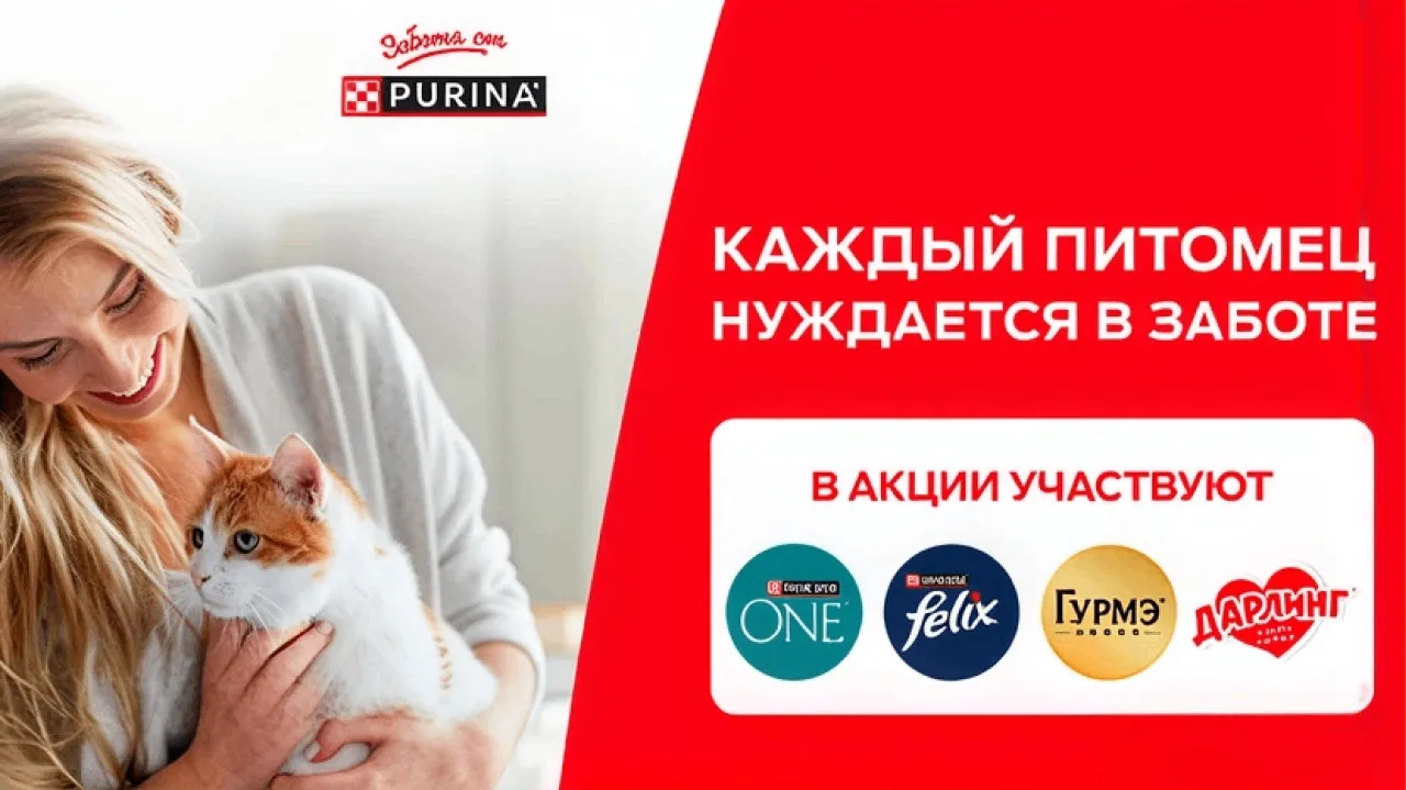 📣Акция Магнит, Felix, Purina One, Darling, Гурмэ: «Каждый питомец нуждается в заботе!»