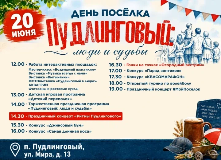 Пудлинговый отмечает День посёлка: полная программа, локации, конкурсы и концерты

20 июня Пудлингов