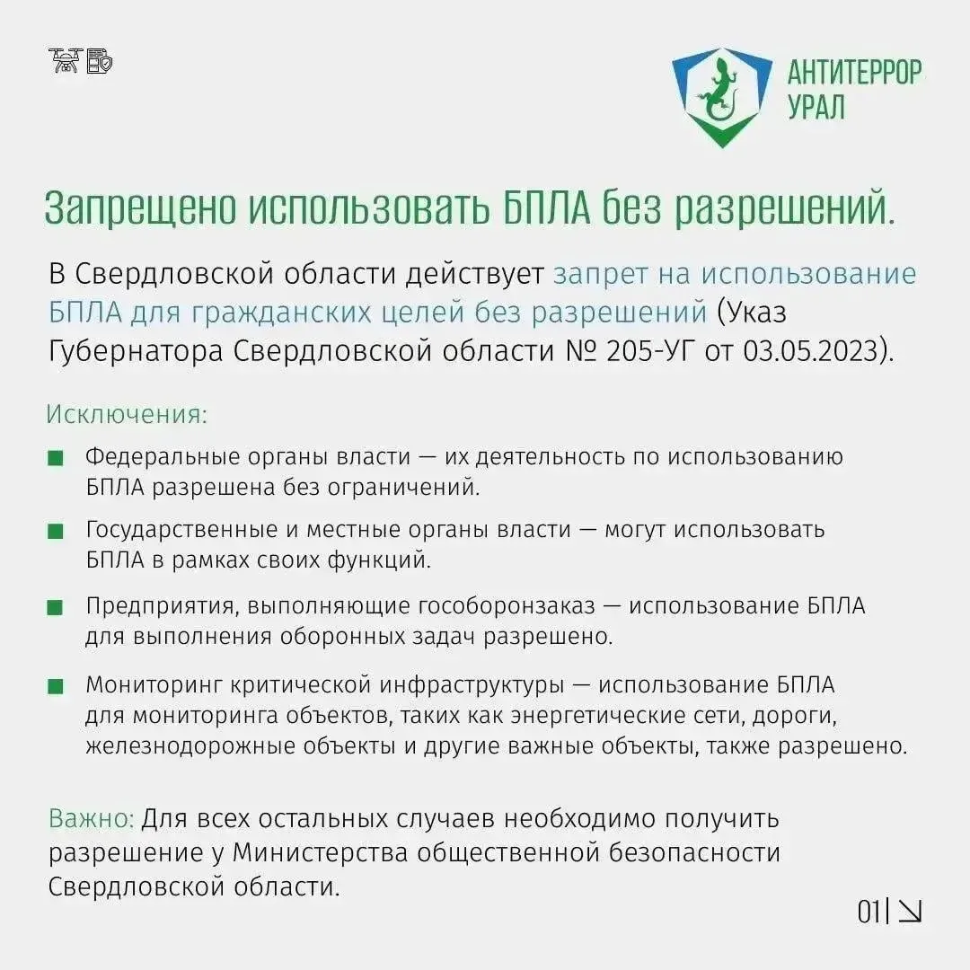 В Свердловской области продолжает действовать запрет на полёты дронов и беспилотных воздушных судов 