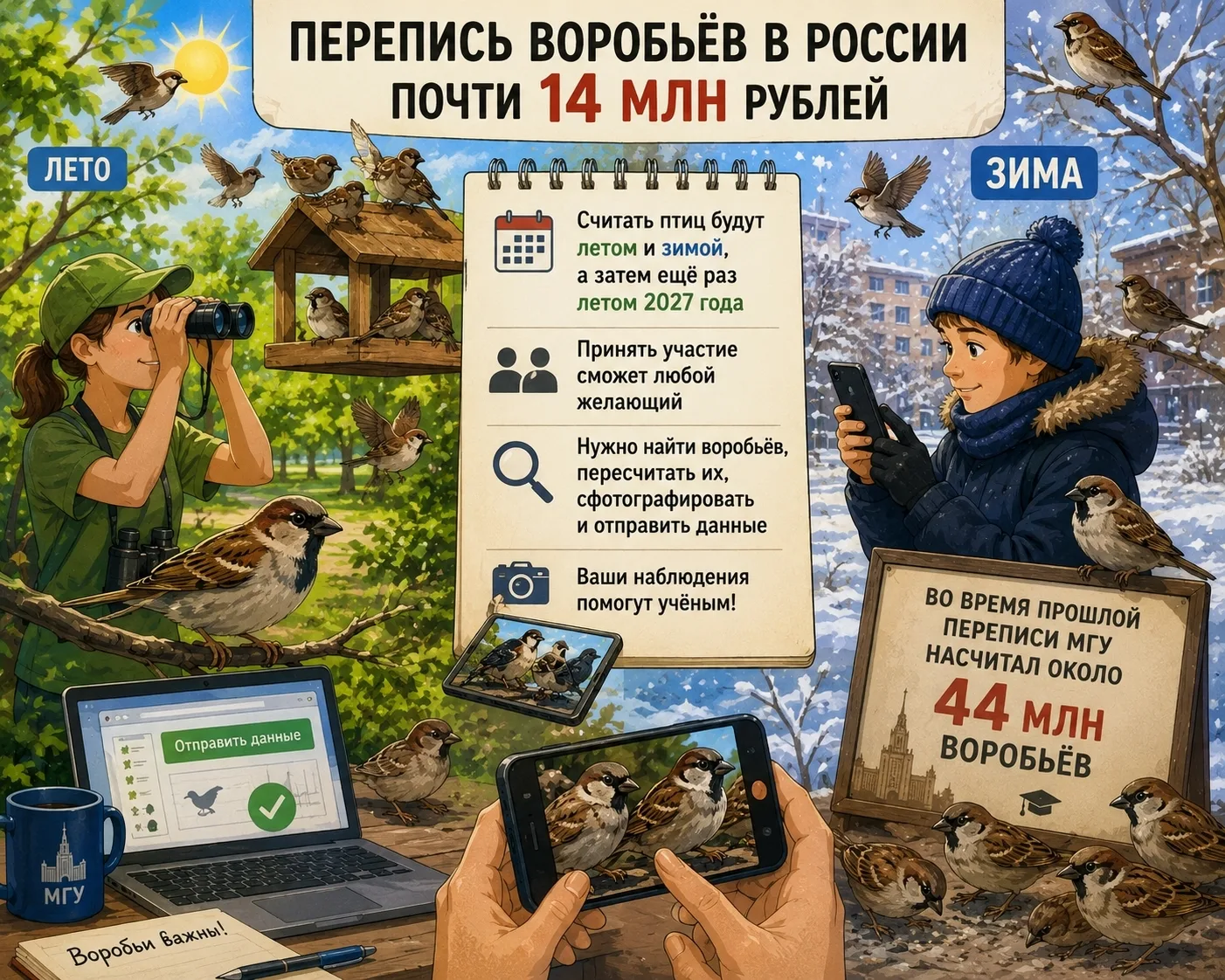 14 млн рублей потратят на… перепись воробьёв в России