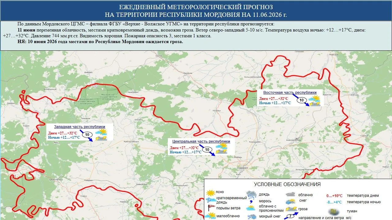 ⛈️ 11 июня в Мордовии переменная облачность, местами кратковременный дождь, возможна гр...