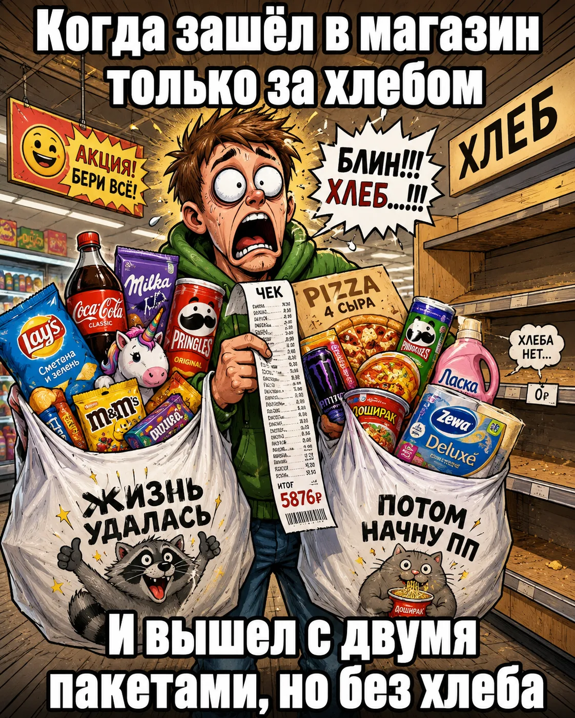 👍 — было пару раз

🍑— даже список не спас

😎 — со мной такого не было — хлеб я тоже купил… на тре