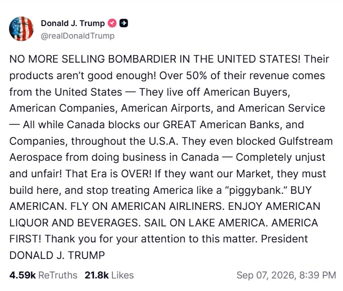 Трамп объявил войну канадскому авиагиганту Bombardier.