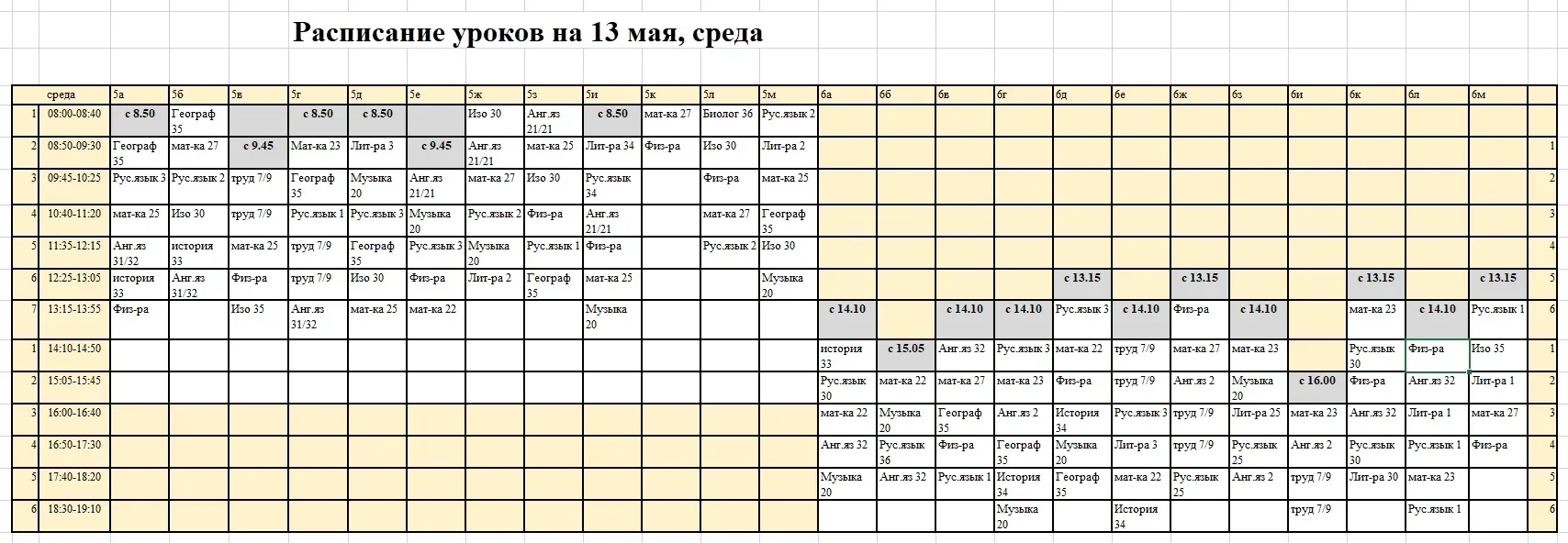 Расписание уроков на 13 мая (среда)
