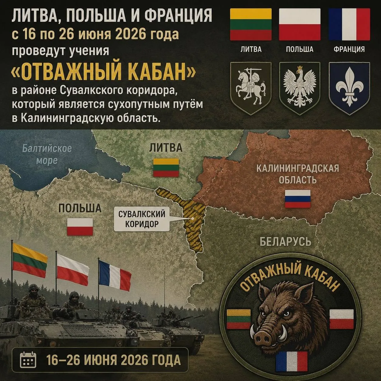 ❗️Ситуация вокруг Калининграда накаляется. Литва, Польша и Франция проведут боевые учения в районе С