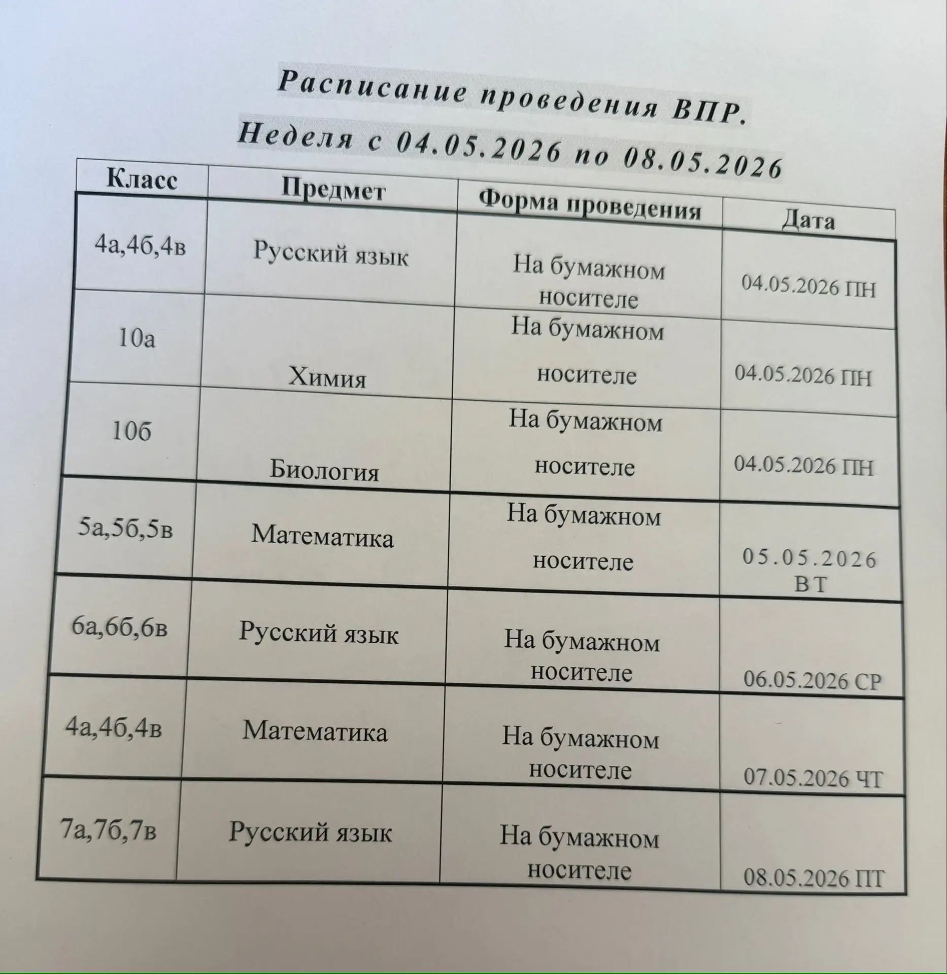 📢 ВПР на неделе 4- 8 мая 2026: расписание  Уважаемые ученики и родители!  Публикуем график Всероссий