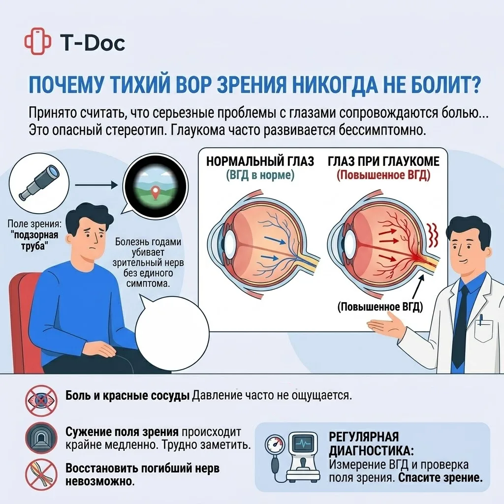 Почему тихий вор зрения никогда не болит?

Принято считать, что серьезные проблемы с глазами всегда 