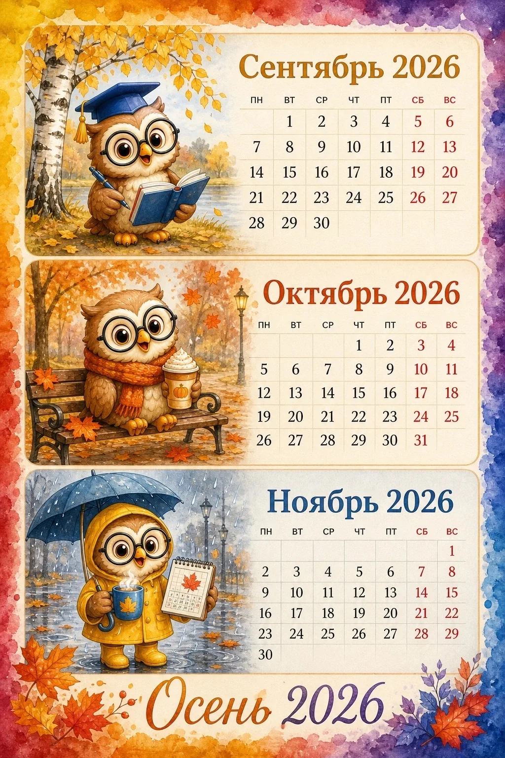 На дворе осень и наша мудрая Сова принесла вам осенний календарик! 🦉🍂