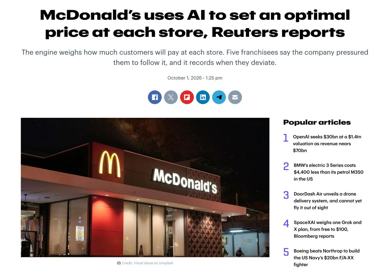 McDonald's манипулирует ценами на бургеры с помощью ИИ.