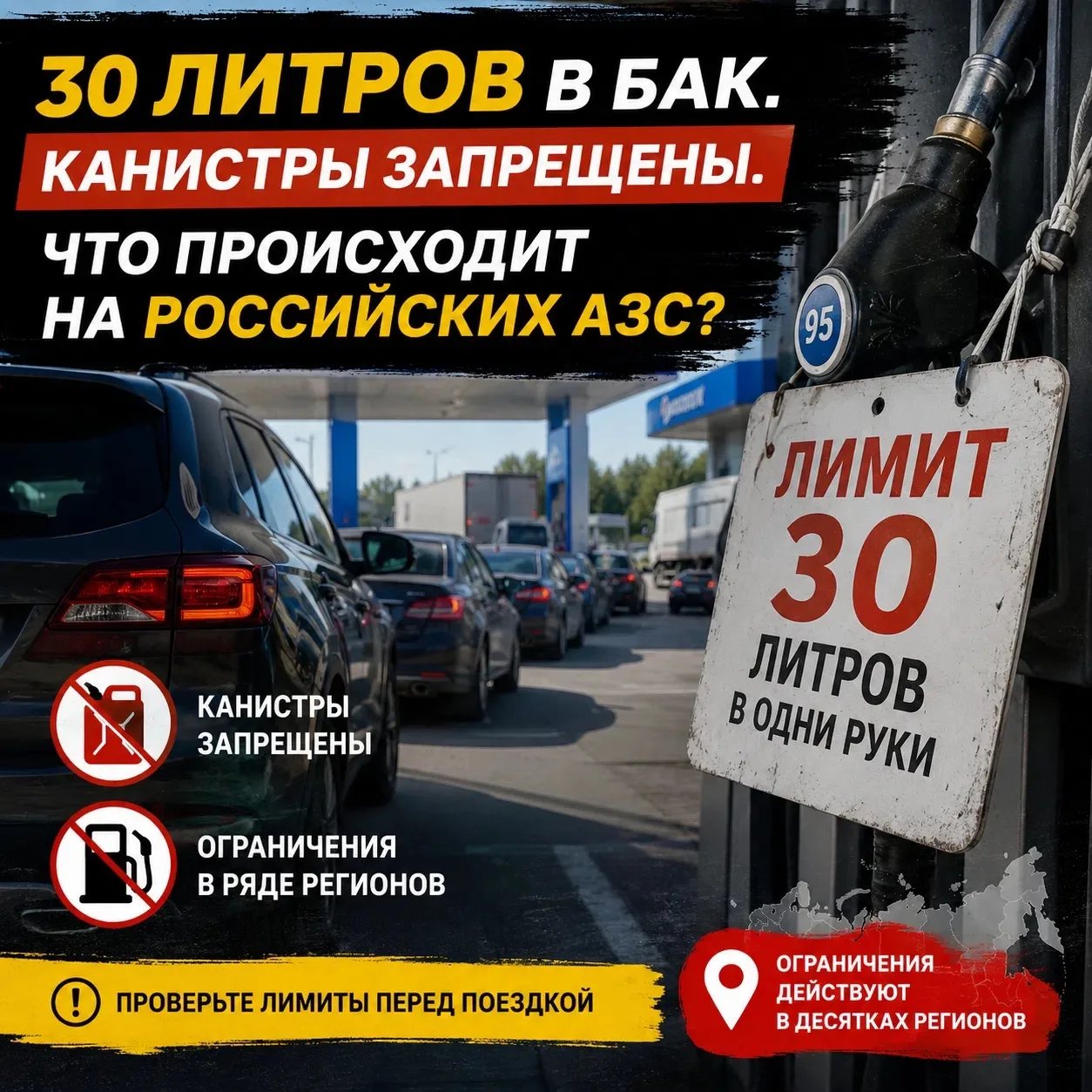 ❗30 литров в бак. Канистры запрещены. Что происходит на российских АЗС?

🚗 В июле ограничения на от