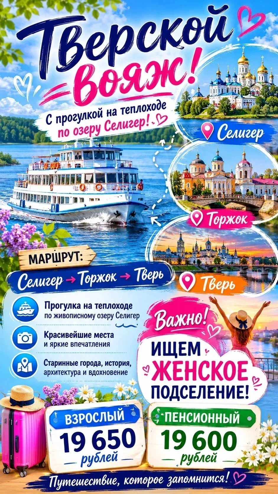 Ищем женское подселение на тур "Тверской вояж. Селигер - Торжок - Тверь"
18-19 ИЮЛЯ