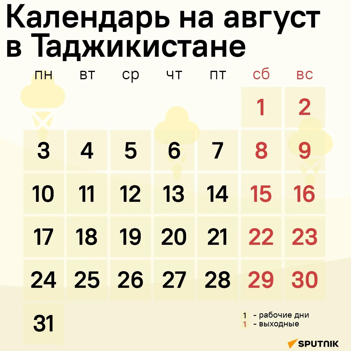 🗓 Август в Таджикистане обещает быть рабочим.

Выходные в последний месяц лета выпадают на традицио