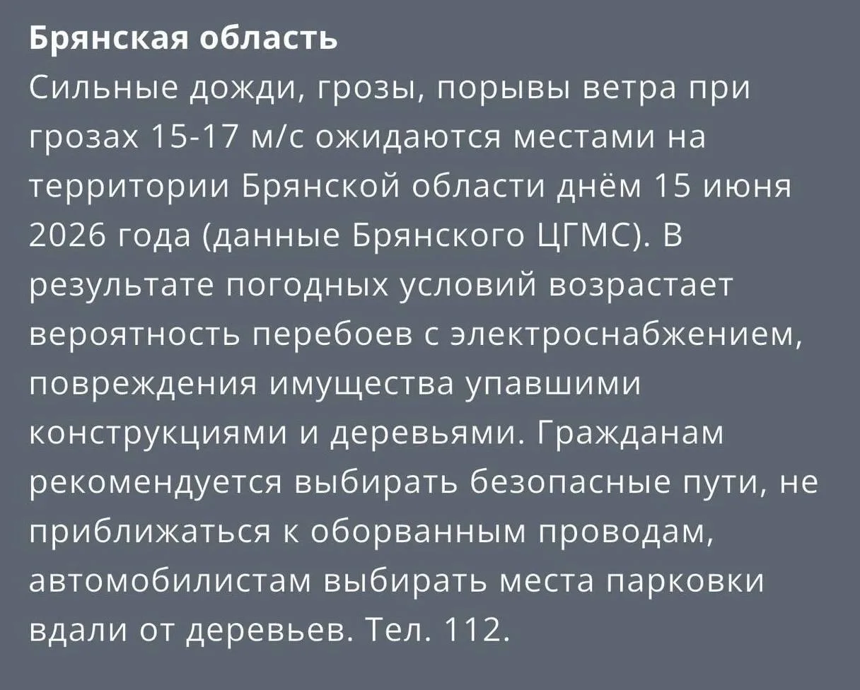 ☝️ МЧС предупреждает об ухудшении погоды завтра, 15 июня