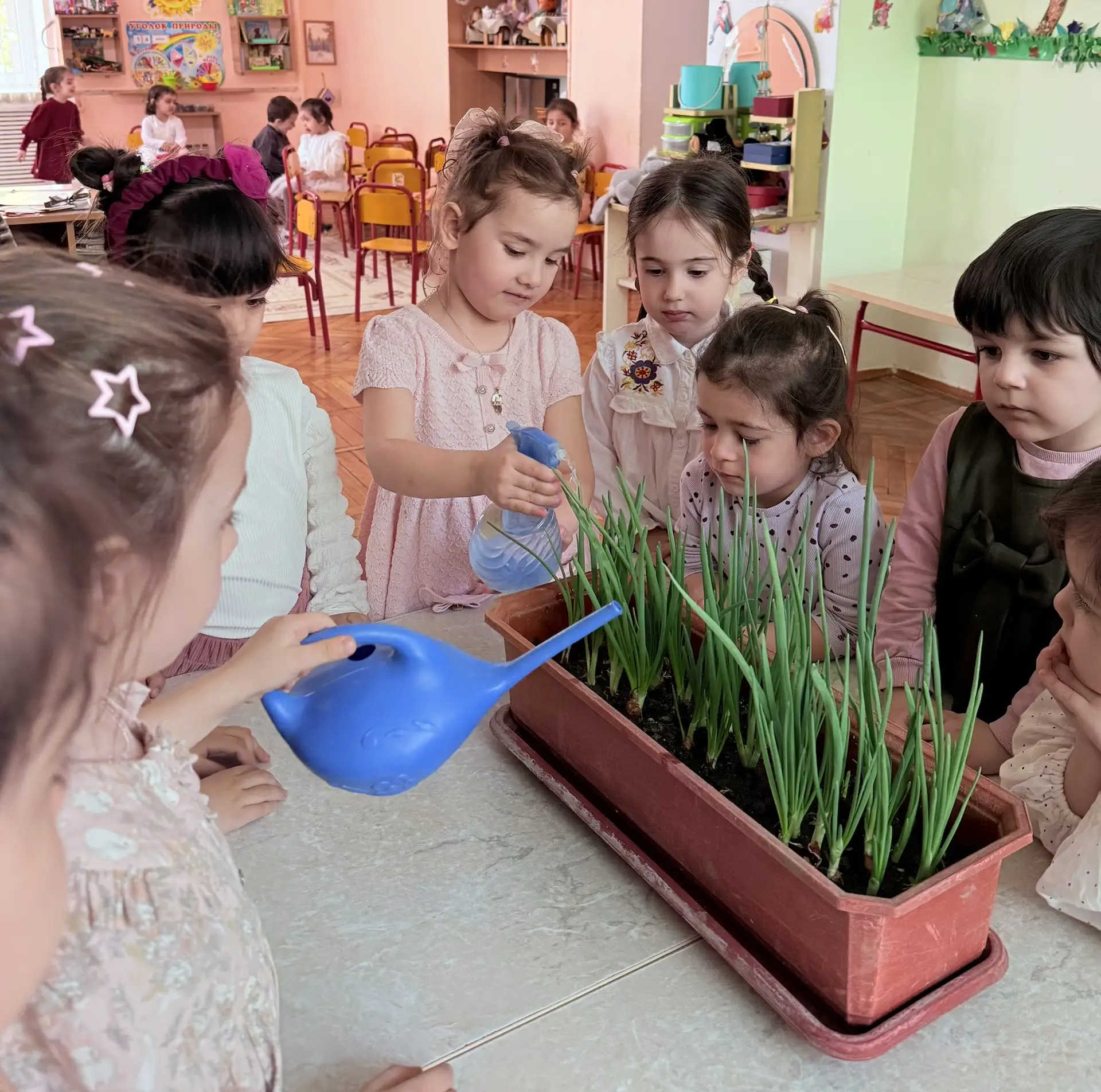 🌱Маленькие садоводы в деле! 
🌱Наш лук на подоконнике уже пустил первые стрелки.                   