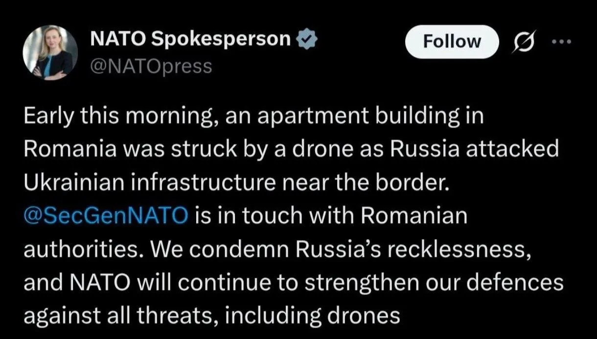 В НАТО связали удар дроном по жилому дому в Румынии с российской атакой по Украине.