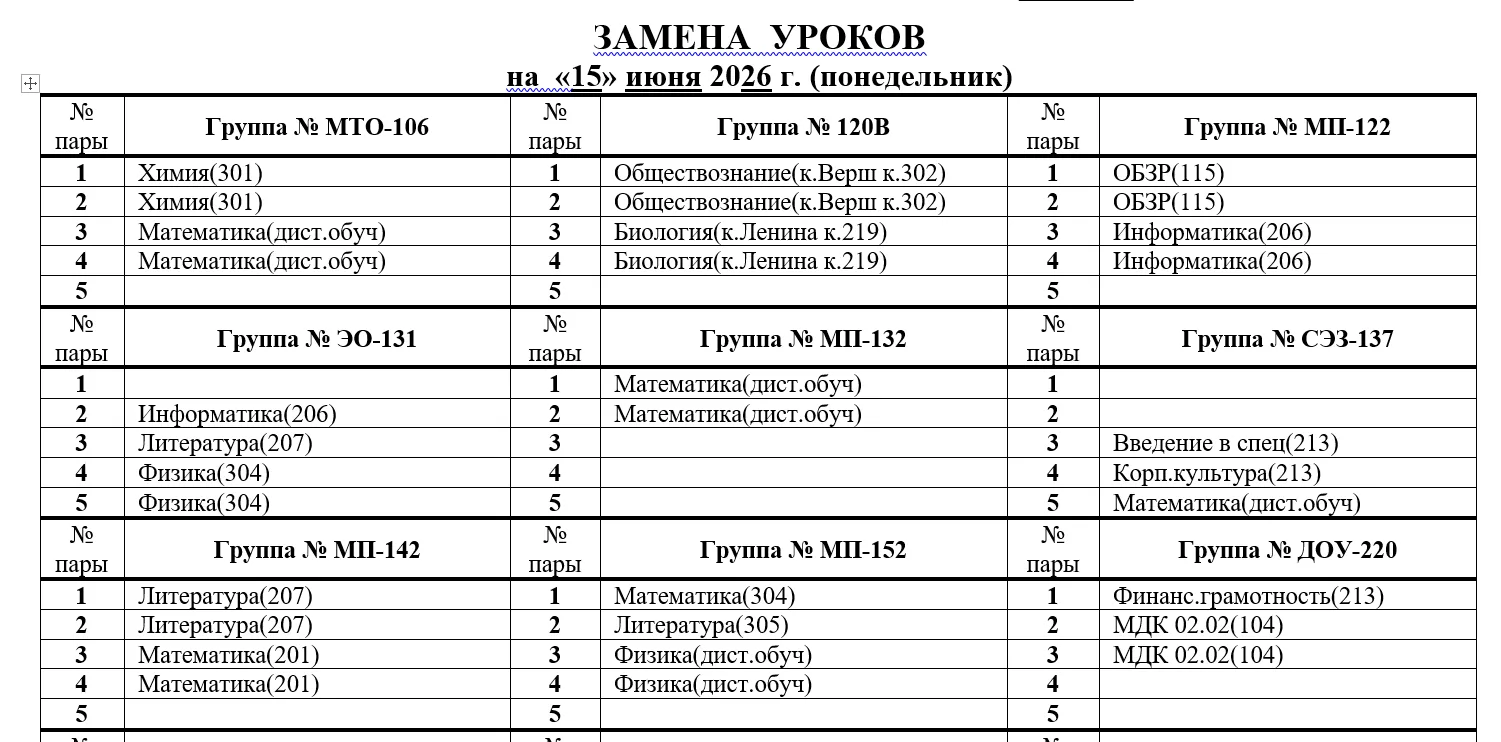 Изменения в расписании на 15.06