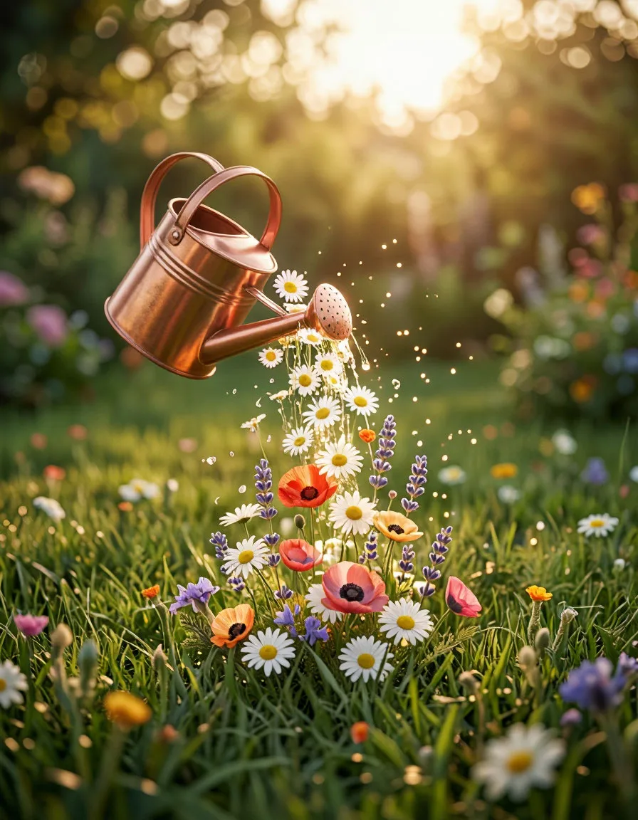 A magical copper watering can hovering in mid-air over a lush green lawn. Instead of wa...