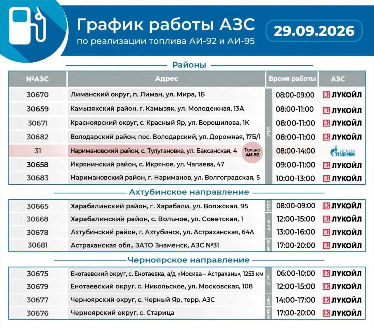 ⛽ График работы АЗС на 29 сентября