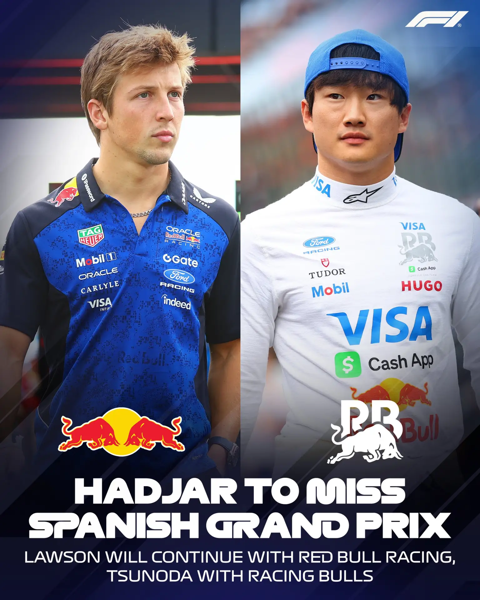 Лиам Лоусон и Юки Цунода выступят на Гран-при Испании за Red Bull и Racing Bulls соотве...