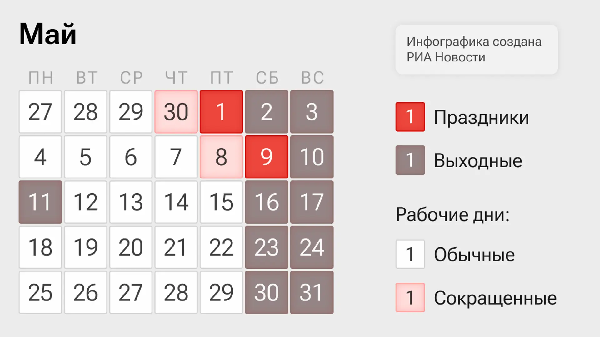 О праздничных и выходных днях  1 и 9 мая 2026 года