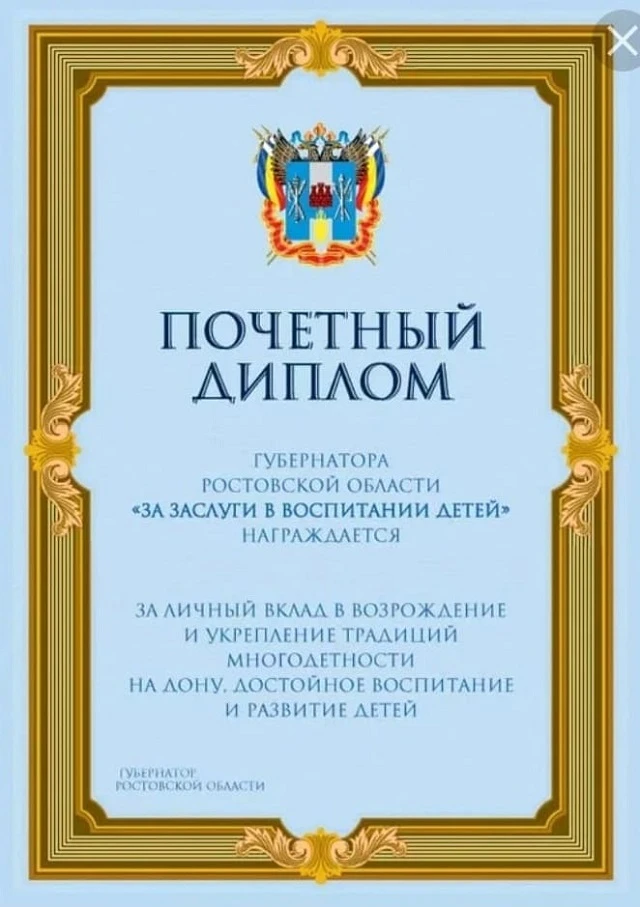 Почетный диплом Губернатора Ростовской области "За заслуги в воспитании детей"