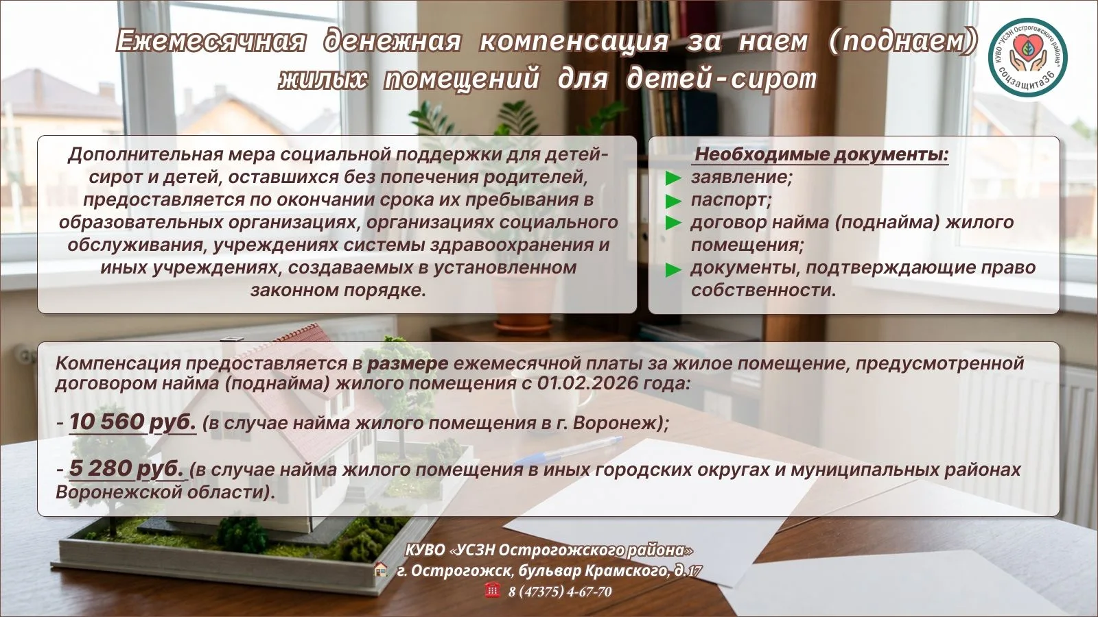 Ежемесячная денежная компенсация за наем (поднаем) жилых помещений для детей-сирот.