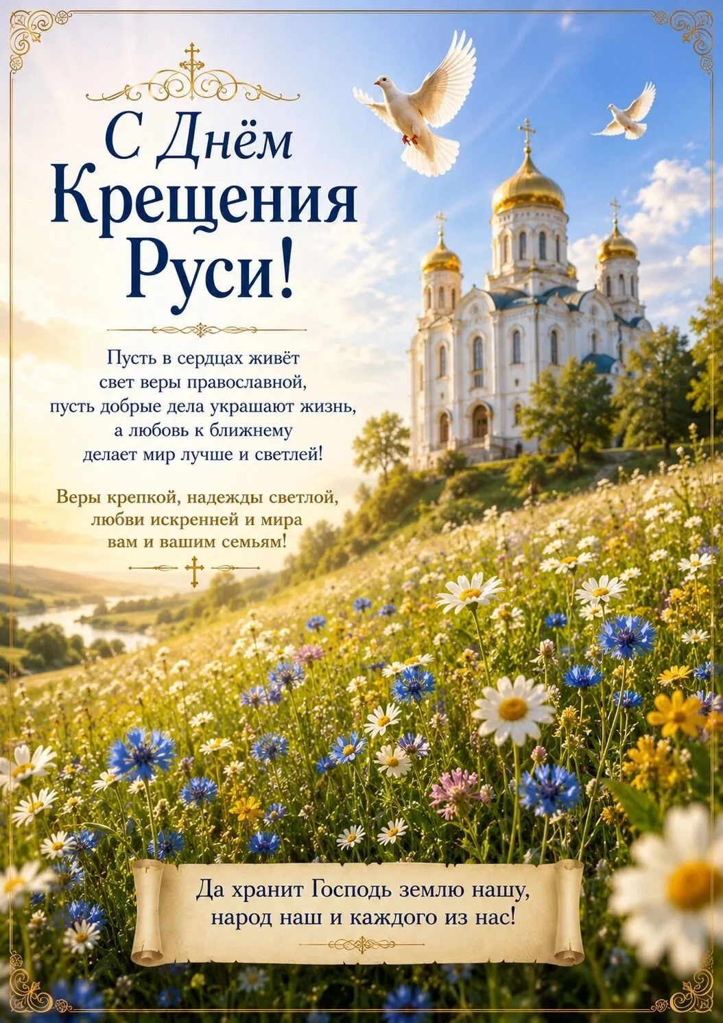 С Днём Крещения, Русь,
Дорогая страна,
Как тобой я горжусь,
Ты такая одна!
Не прожить без берёз,
Изу