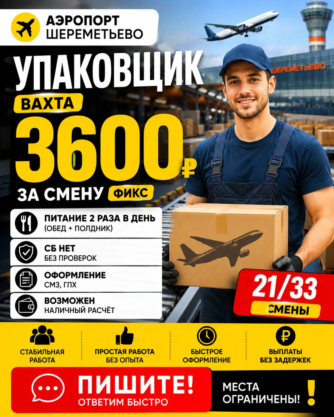 ✈️ СРОЧНО! Упаковщик борт питания в аэропорт Шереметьево | Вахта | 3 600 ₽ за смену | Без проверки С