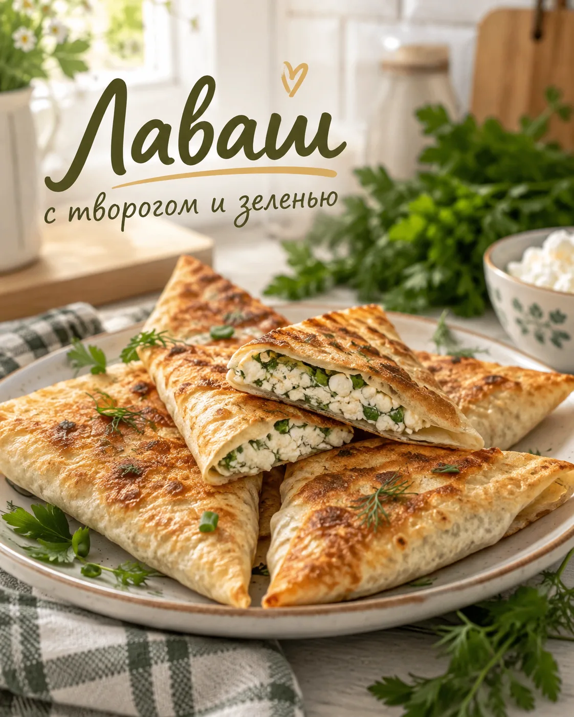 Лаваш с творогом и зеленью на сковороде