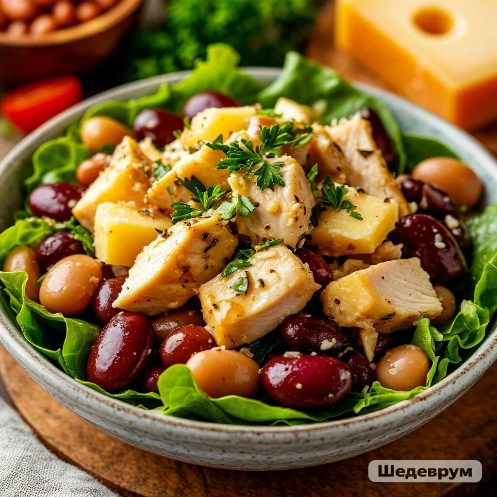 САЛАТ С КУРИЦЕЙ, ФАСОЛЬЮ И СЫРОМ — СЫТНО И ПРОСТО! 🥗🍗🧀