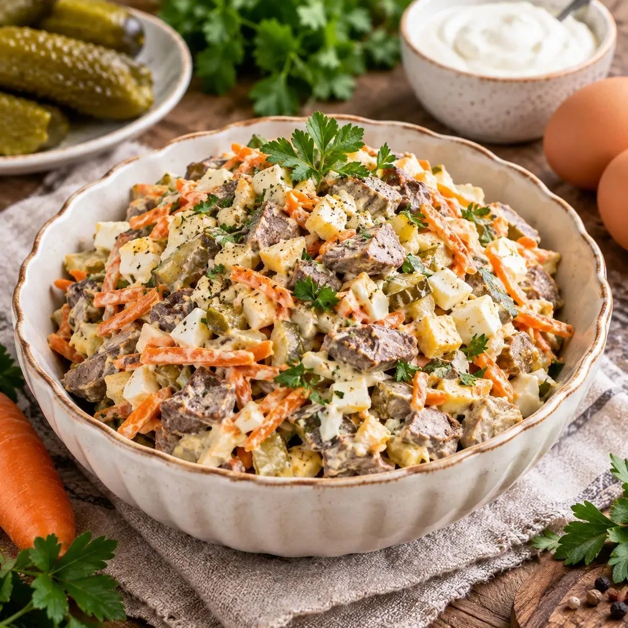 Салат из куриной печени.