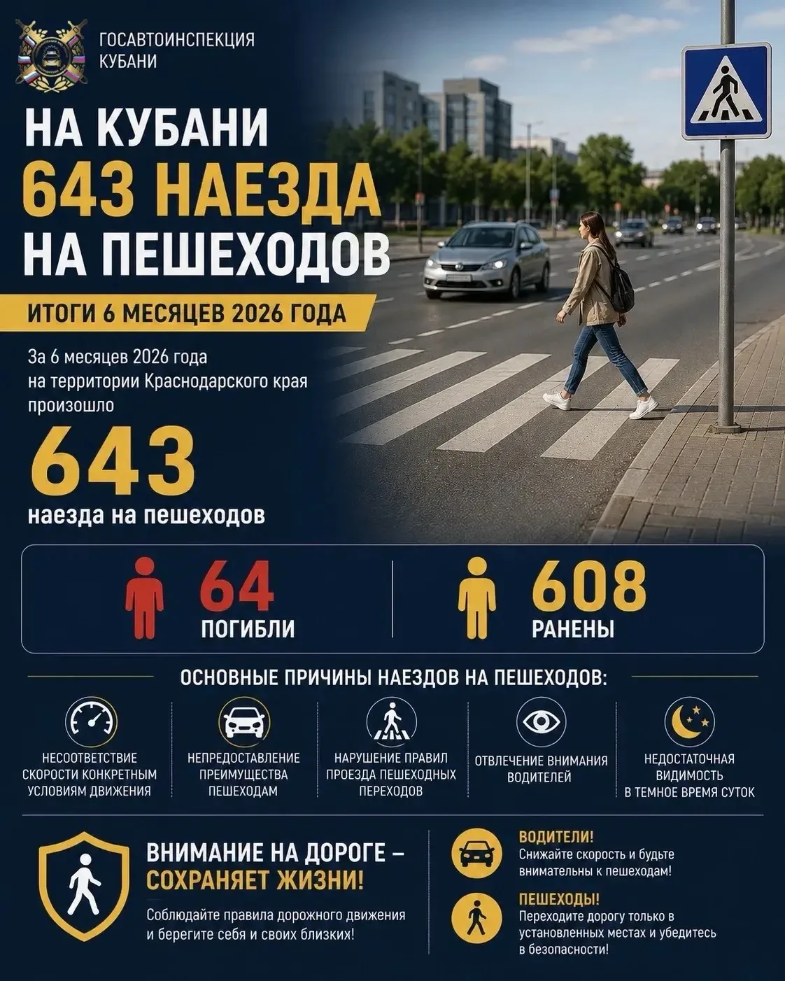 🚶 За 6 месяцев 2026 года на территории Краснодарского края зарегистрировано 643 дорожно-транспортны