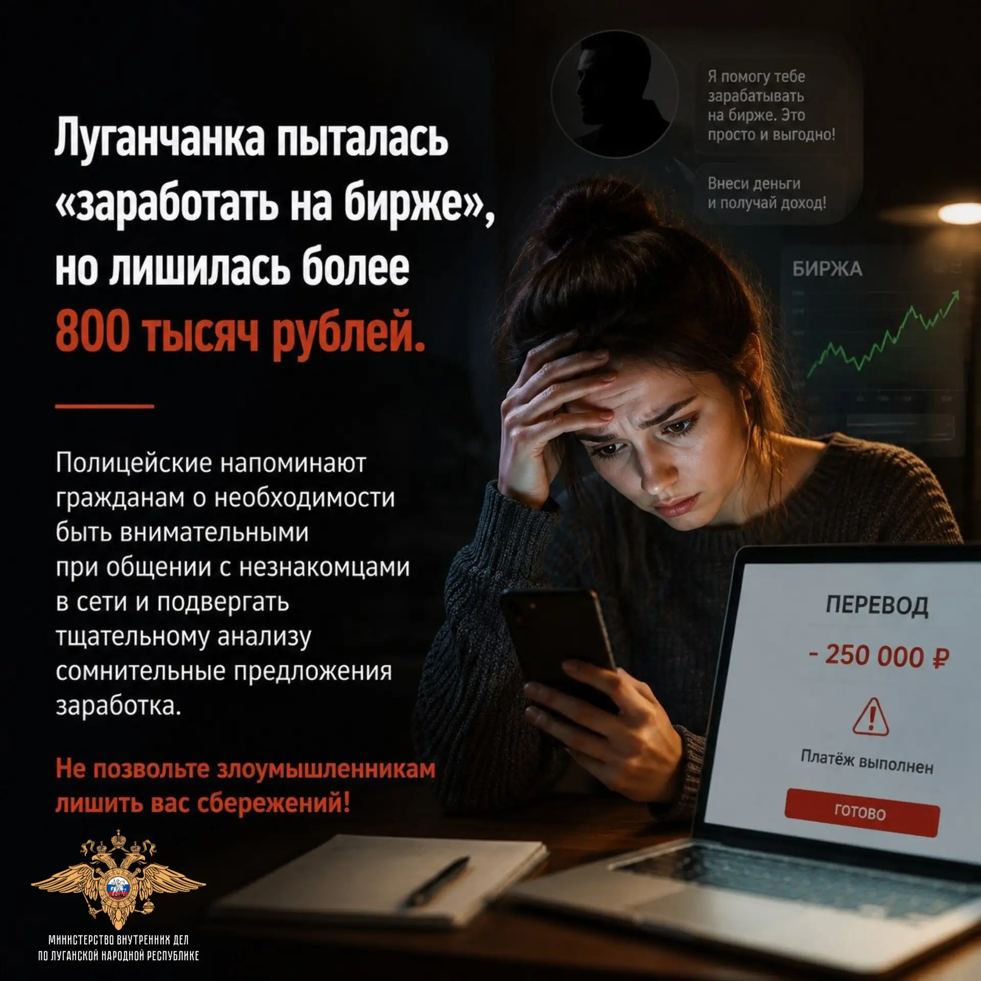 Пытавшаяся «заработать на бирже» луганчанка лишилась более 800 тысяч рублей

💻 32-летняя жительница
