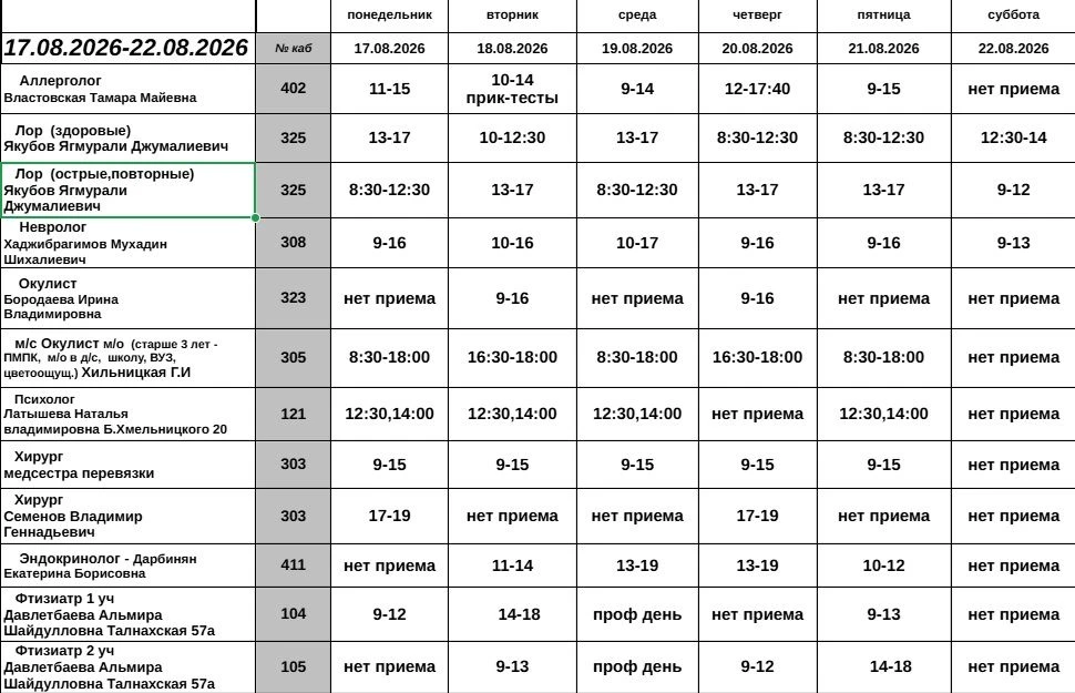 Предоставляем расписание специалистов детской поликлиники с 17.08.2026 г. по 21.08.2026 г.
